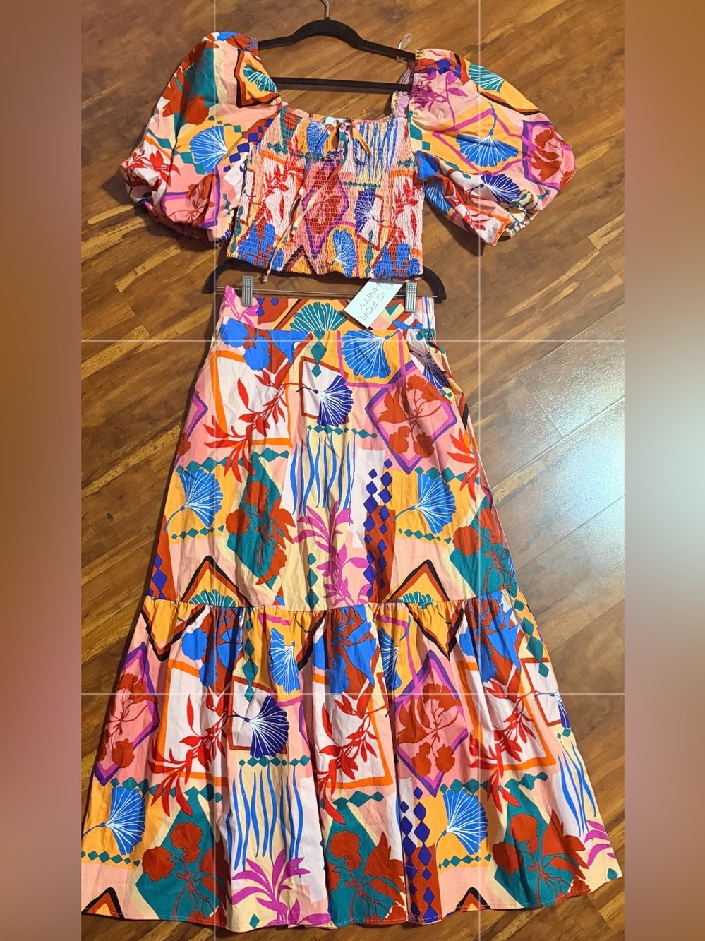 Vibrant Multi-Color Puff-Sleeve Crop Top & Tiered Maxi Skirt Set